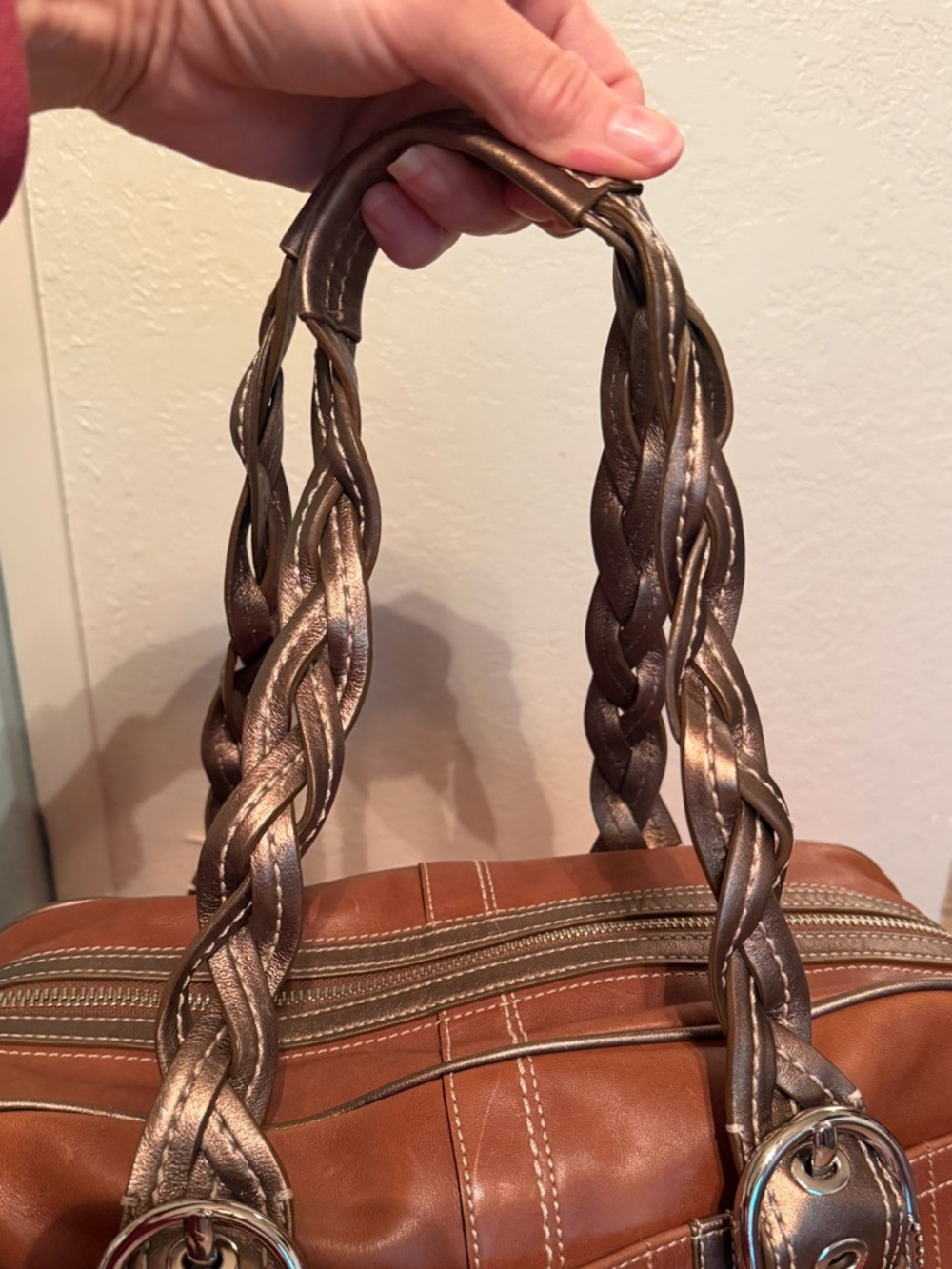 Coach Brown Leather Satchel with Braided Metallic Handles - Picture 3 of 12
